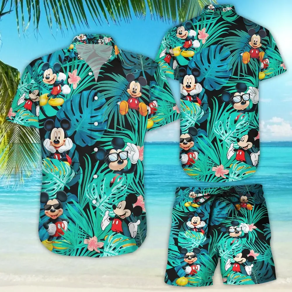 Mickey koszula hawajska zestaw szortów męskie damskie letnie wakacje na plaży zestaw koszul spodenki plażowe Disney w stylu Vintage koszula z guzikami