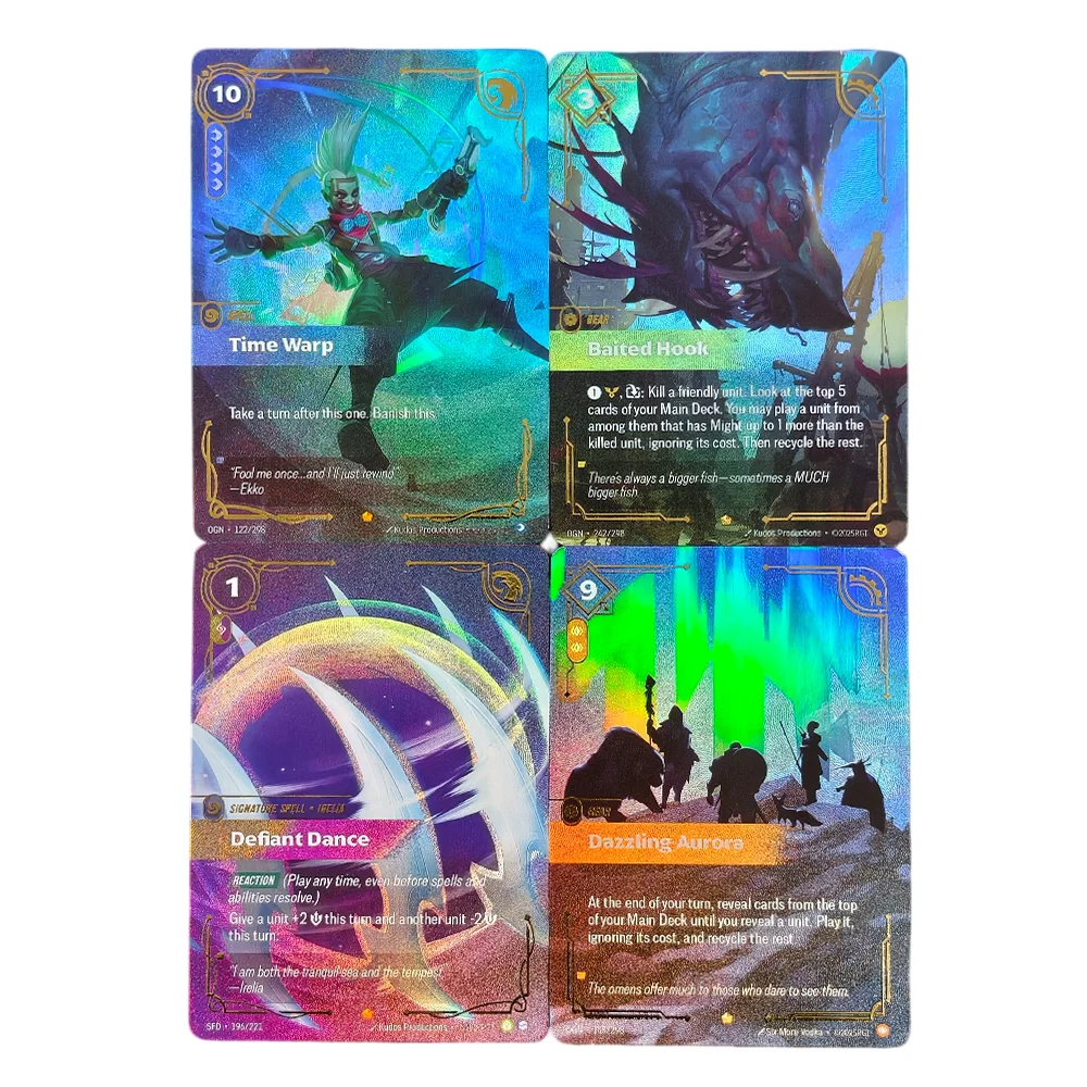 Cartão de Jogo Proxy Riftbound League of Legends Trading Card Game Origins OGN Time Warp Dazzling Aurora Baited Hook Spell Gear