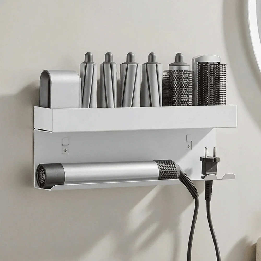 Carbon Steel Curling Iron Storage Rack Wall Mounted No Drill Hair Curler Storage Shelf Space Saving Hair Tool Holder