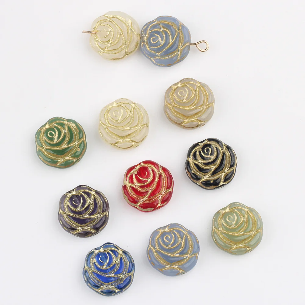 

10pcs/lot Czech Art Glass Retro Gold Stroke Rose Round Loose Beads DIY Necklaces Hairpin Bracelet Accessories