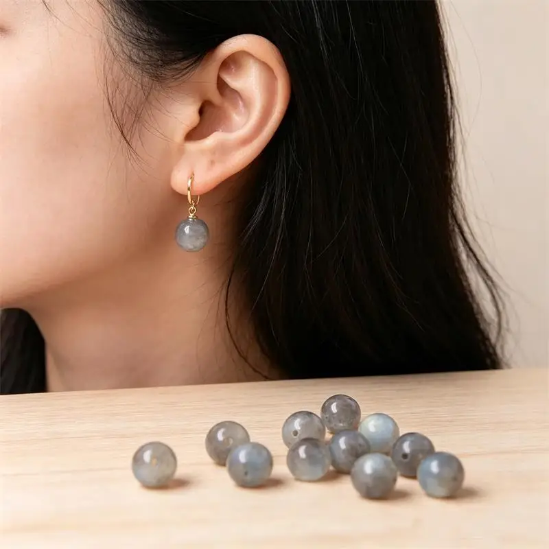4pcs Half Drilled Labradorite Round Beads 6-10mm Loose Stones for Earrings Making Handmade Jewelry Supplies