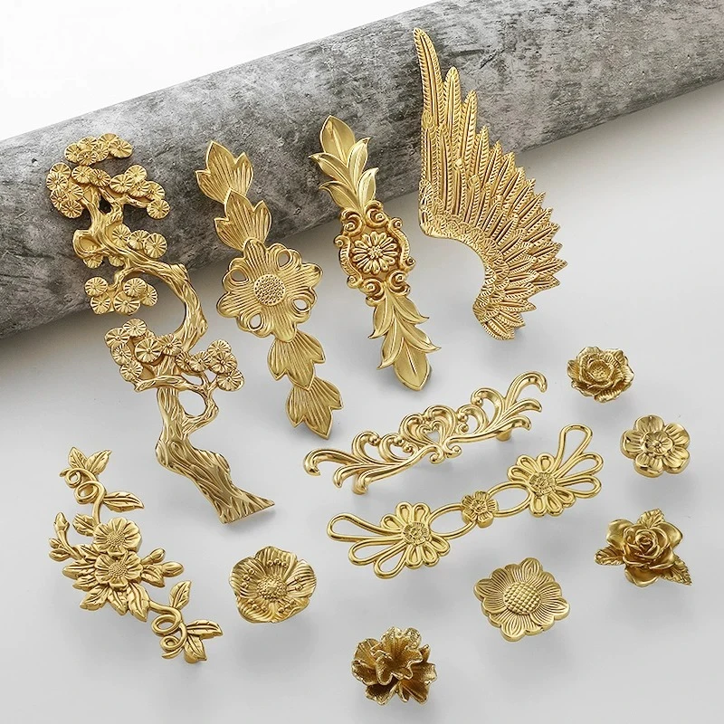 Gold Furnitue Handle and Knob Full Brass Wardrobe Knobs Single Hole Flower Tree Drawer Kitchen Cupboard Door Handles Pulls Diy