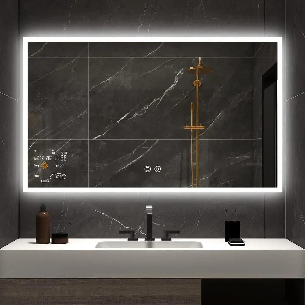 LED Smart Bathroom Mirror Anti Fog Lighted Vanity Touch Sensor Weather Time Temperature Date Wall Mounted 40x24 Inch