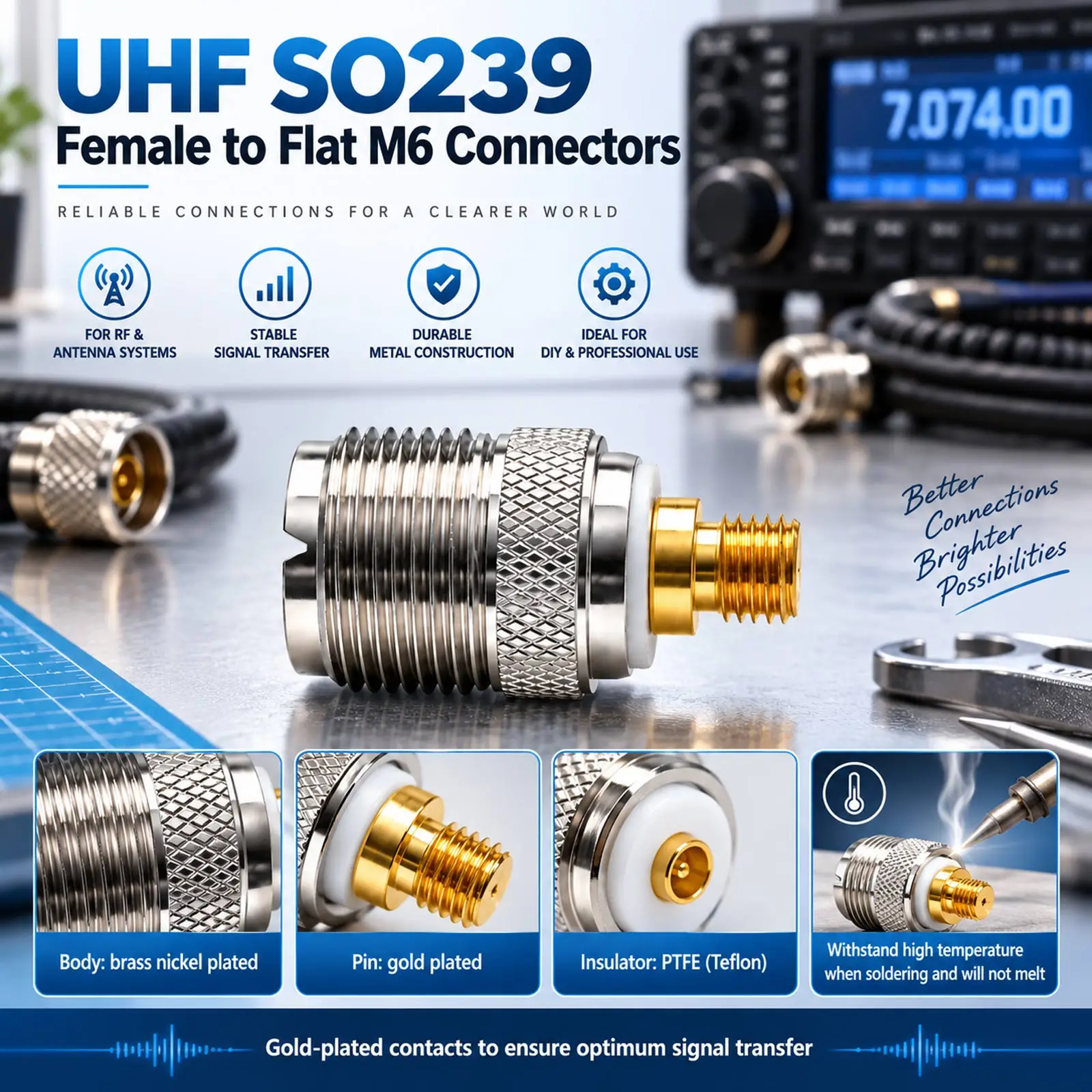 UHF SO239 Female to Flat M6 Connector Car Antenna RF Coaxial Connector Adapter For Motorola GP328 GP88 Handheld Walkie Talkie