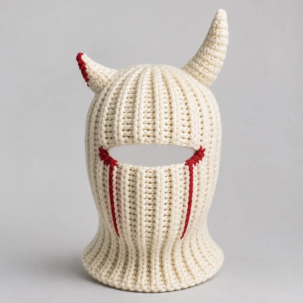 Off White Left Horn Blood Mark Crochet Hat Horror Demon Halloween Costume Cosplay Festival Stage Performance Party Accessory