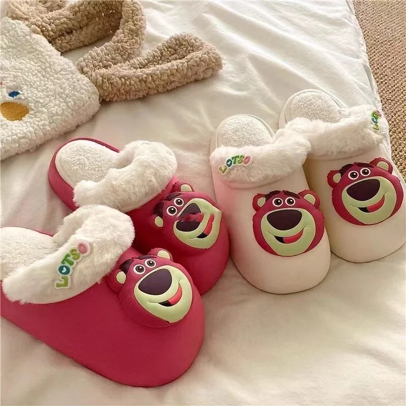 Lotso Huggin Strawberry Bear really pictures 2025 new winter white Rose Red sandals plus big size warm women's slippers