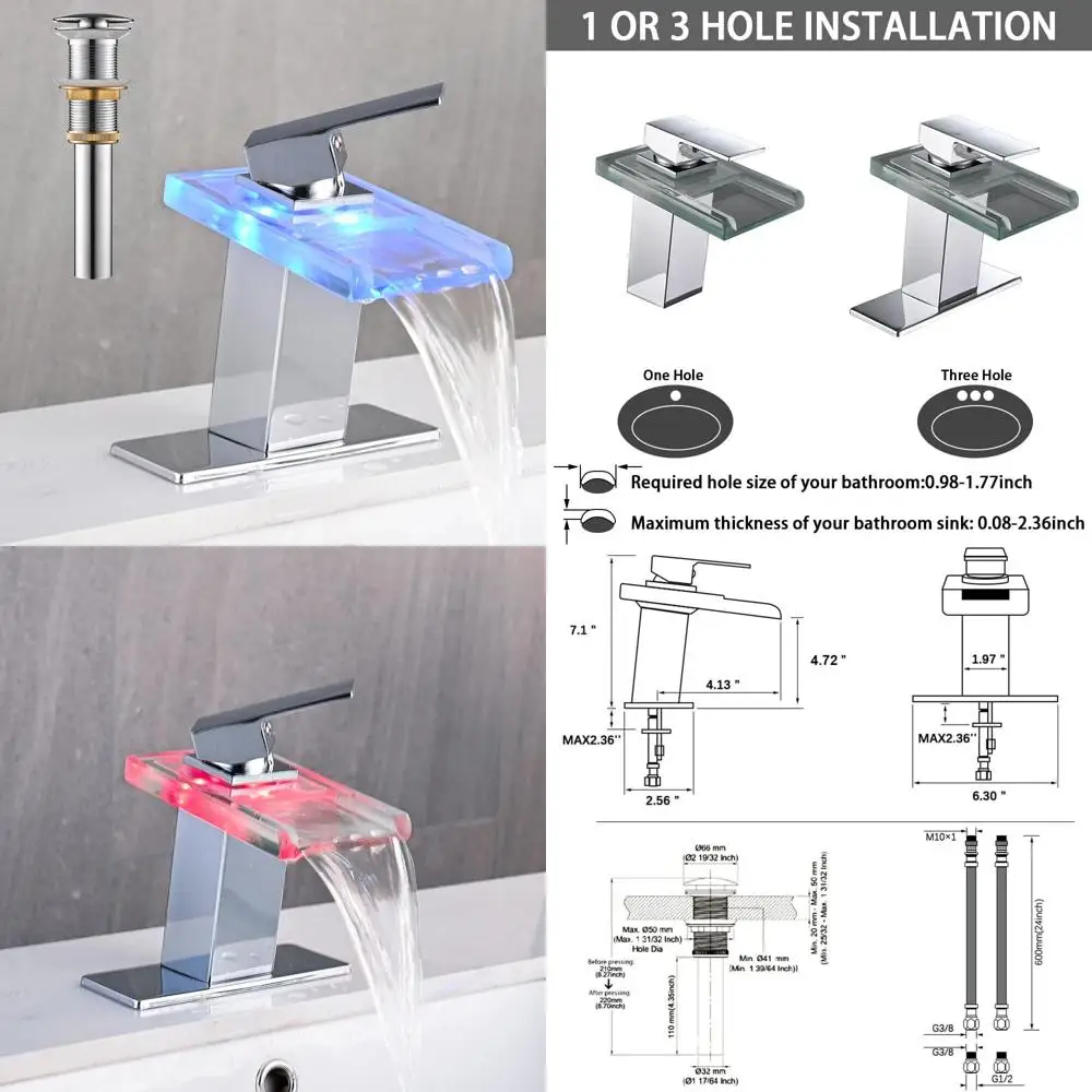 

Stylish Chrome Single-Hole Waterfall Faucet with Pop-Up Drain and Glass Spout for Vanity Sinks