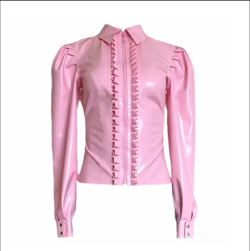 

Gothic Sexy Fashion Pleated PVC Shiny Shirt Elegant Office Women's Puff Long Sleeved Zippered Lower Collar Women's Top Clubwear