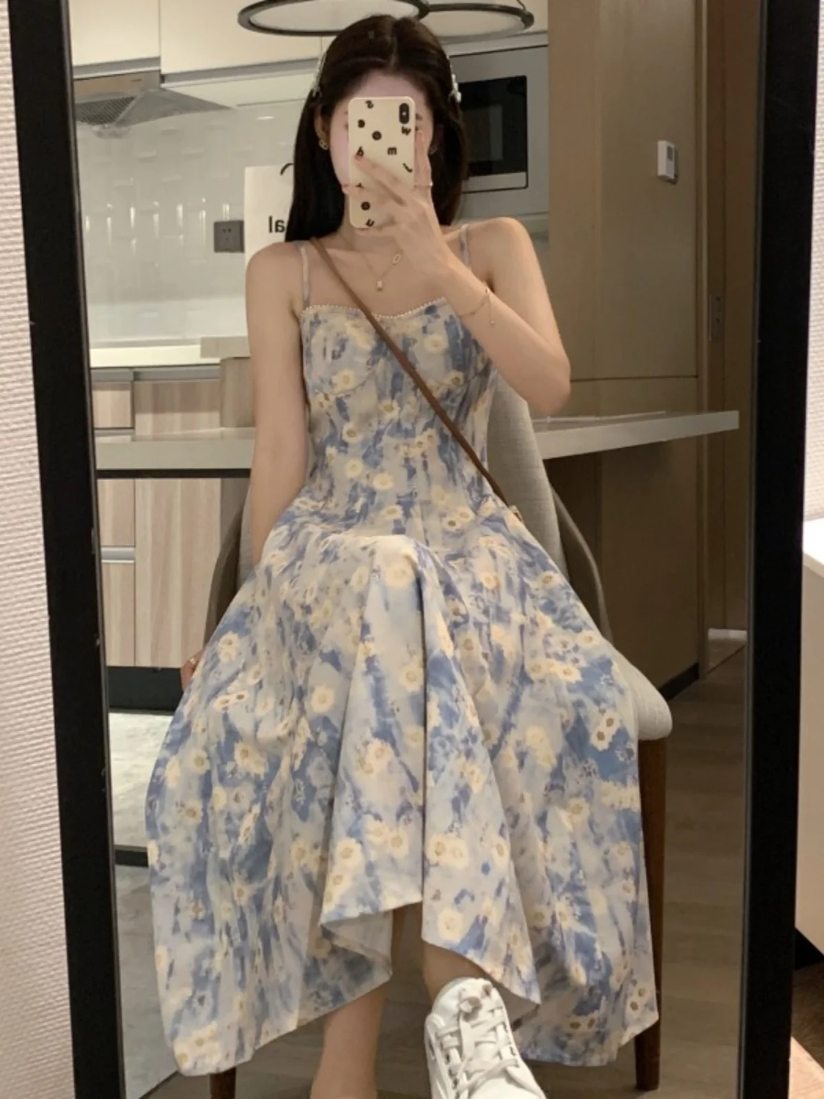 2024 Summer Blue Oil Painting Floral Print Beach Vaion Long Dr Women's Strapl High Waist A-Line Midi Skirt Set