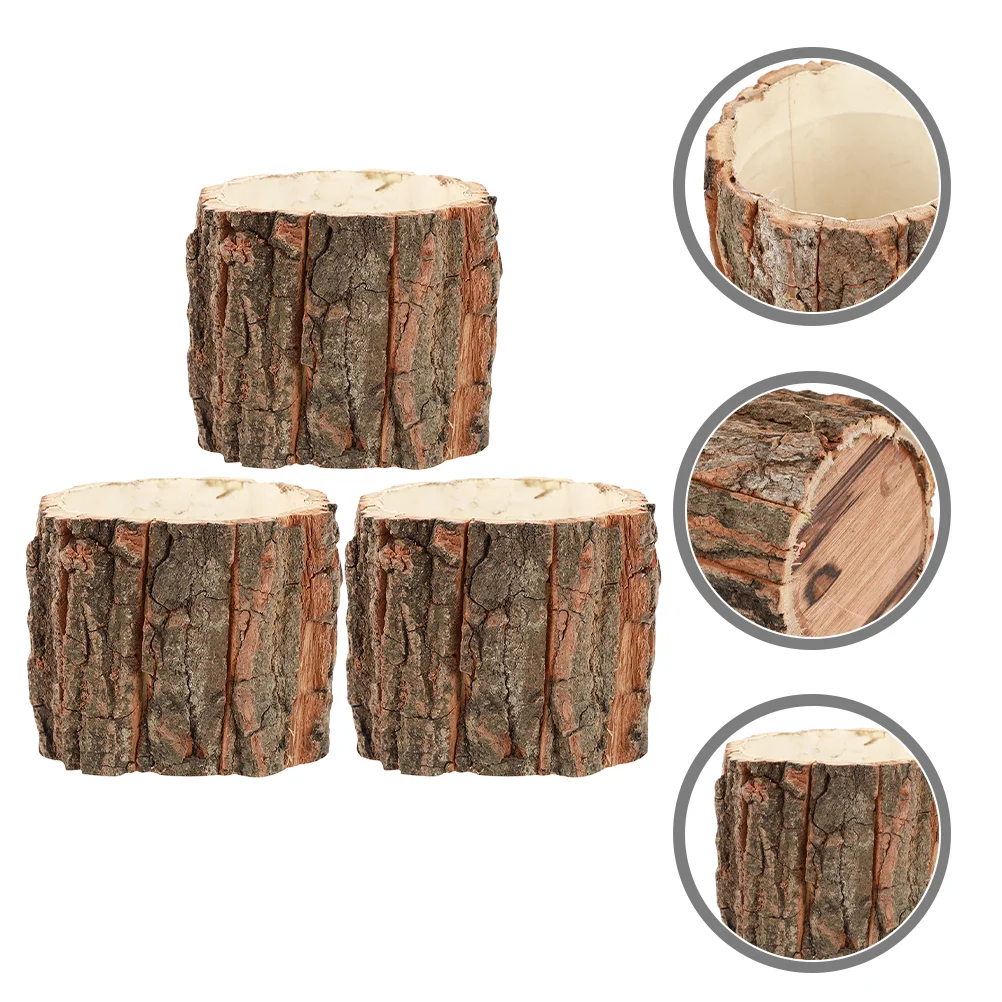 

3 Pcs Waterproof Bark Flower Bucket 9cm x 8cm Wood Pot Indoor Plant Country Style Tree Stump Vase Home Decor Farmhouse Planter