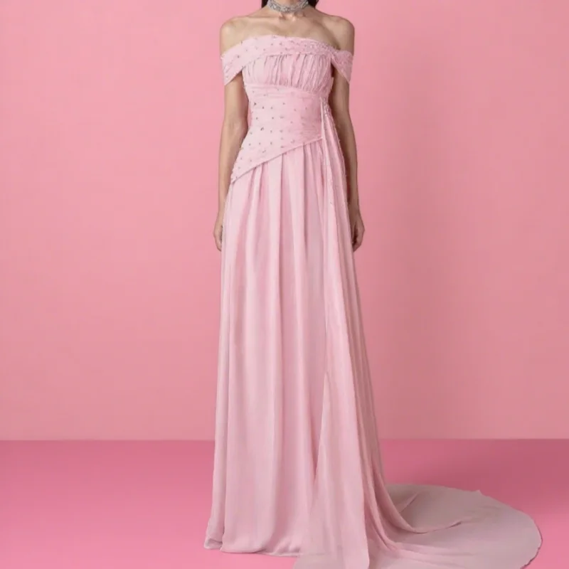 

Classic Chiffon Sequined Pleat A-line Off-the-shoulder Long Dresses Bespoke Occasion Dresses Formal Customized