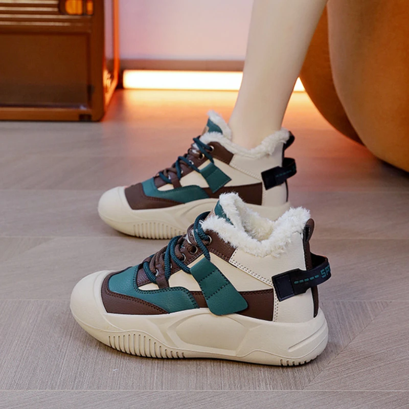 Winter Sneakers with Fur Women Fashion Colour Blocking Trainers Feminine Comfort Warm Plush Casual Sports Skateboard Shoes Lady