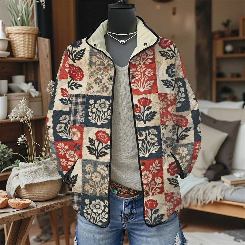 

Floral Digital Print Padded Cotton Jacket Lightweight Quilted Warm Coat For Women And Teens Cozy Streetwear Autumn Winter Gift