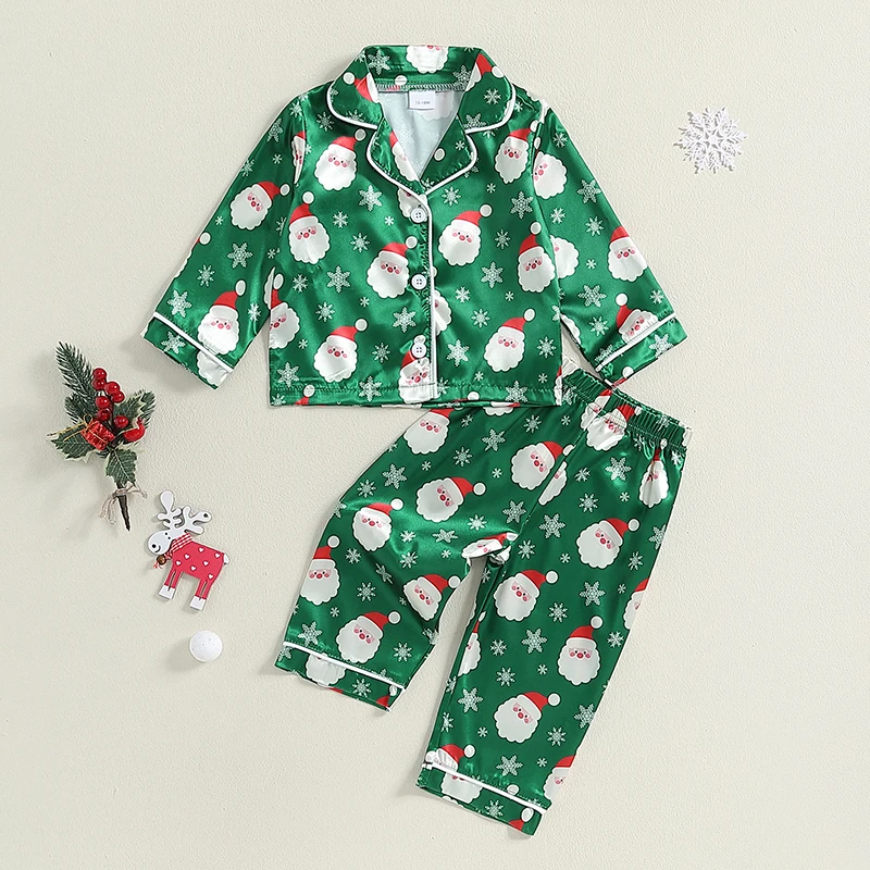 2024-06-19 Lioraitiin Kid Boy Girl Christmas Pajamas Set, Snowman Print Long Sleeve Button Down Tops Elastic Waist Pants Set