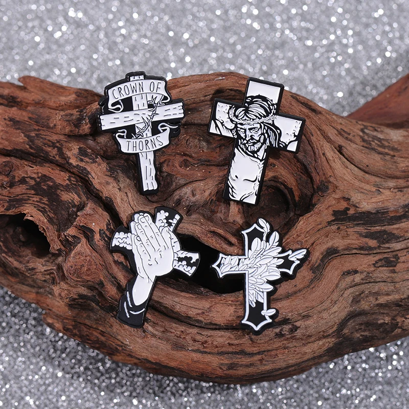 Jesus Cross Enamel Pins Christian Brooch Crown of Thorns Jesus Lapel Badge Backpack Clothes Jewelry Accessories Punk Gothic Pin