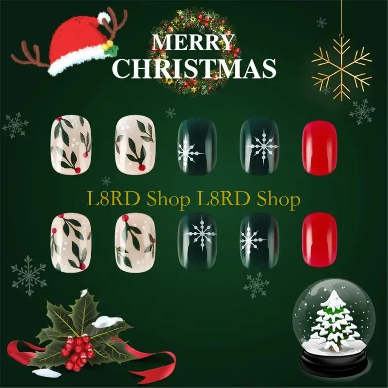 L8RD 24x Christmas Artificial Nails Snowflake False Nails Short Square Press On Nails