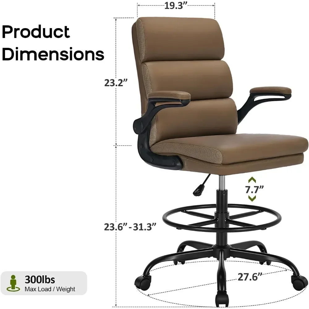 Office Chair with Soft Cushioned Flip Armrests,Ergonomic,Equipped with Comfortable Leather Backrest and Adjustable Footrest Ring