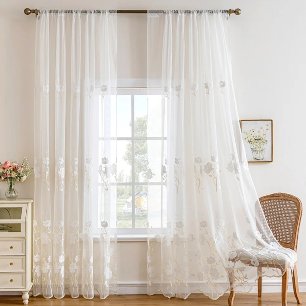 1PC Elegant French Style Floral Sheer Curtain Panel, Semi-Transparent Ring Top Fabric, Ideal for Bedroom, Living Room, Dining Ro