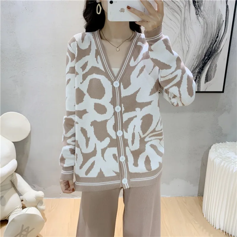 Knitting Women\'s Cardigans New Autumn and Winter Leopard Print Women 2 Piece Set Outfit High Waist Fashion Wide Leg Pants Sets