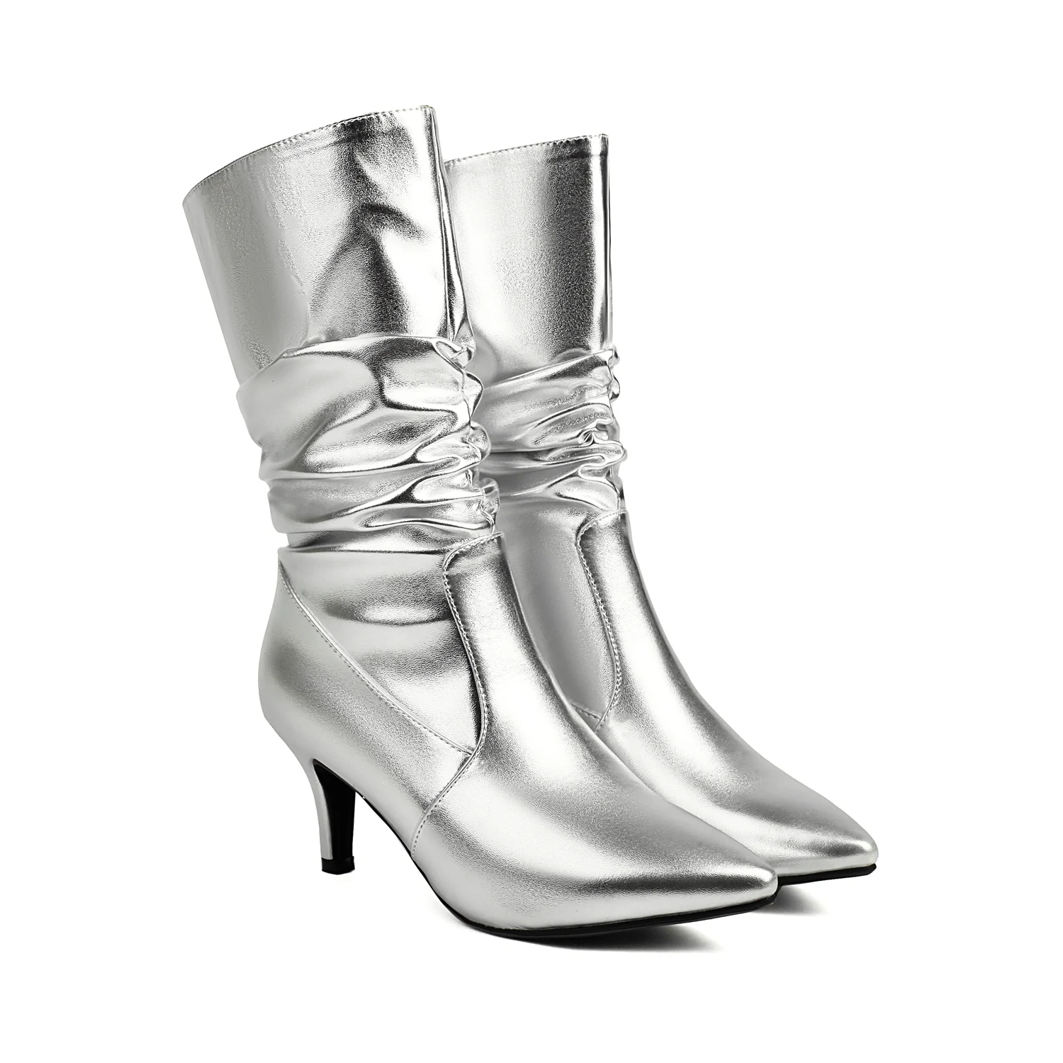 

Metallic Gold Silver Slouch Boots Heels Stiletto Wide Calf Shoes Adjustable Pleated Pointed Toe Soft PU Botas Mujer