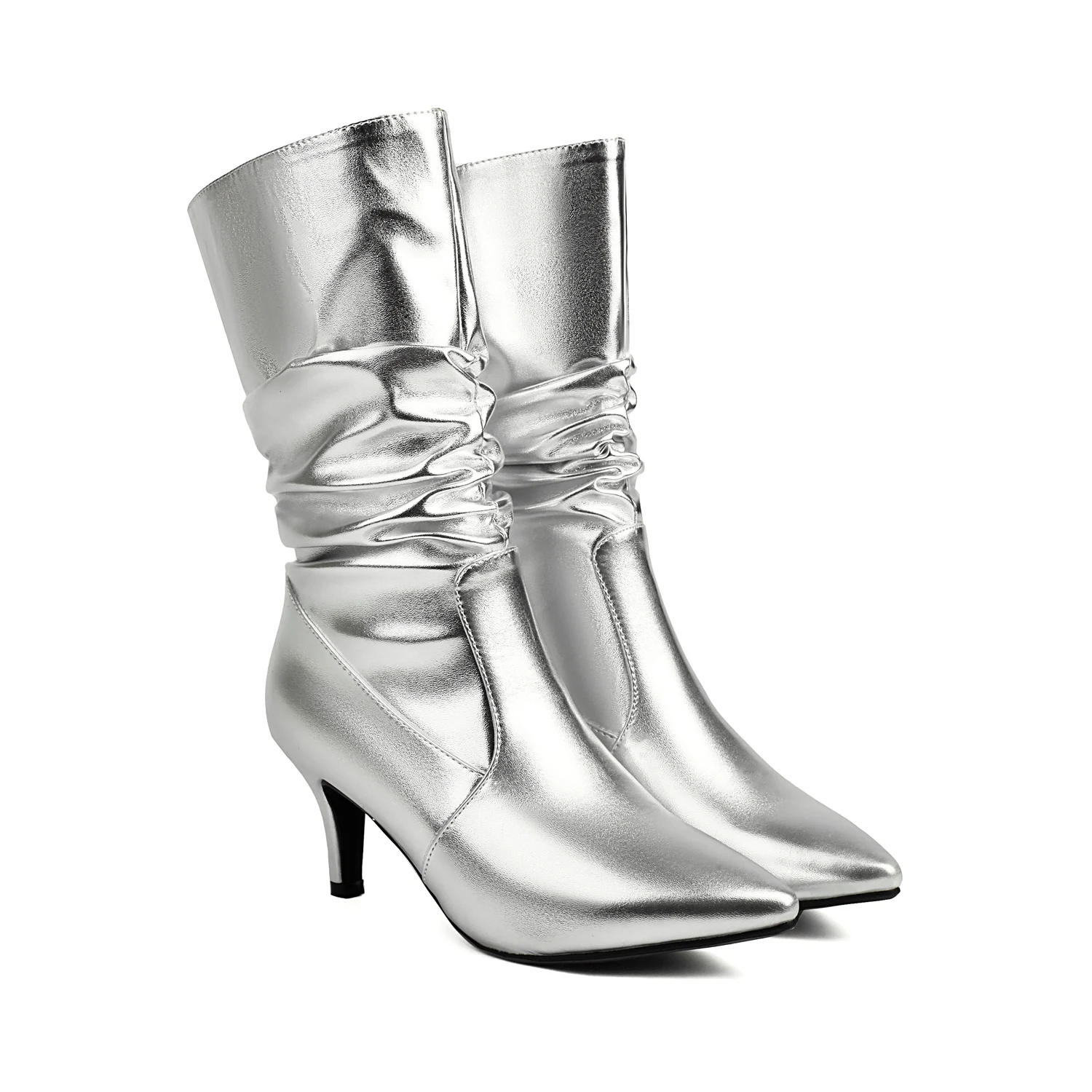 Metallic Gold Silver Slouch Boots Heels Stiletto Wide Calf Shoes Adjustable Pleated Pointed Toe Soft PU Botas Mujer