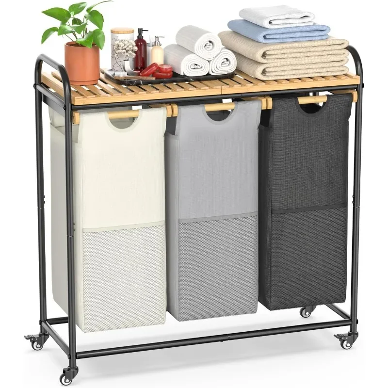 

Laundry Hampers Section, Laundry Sorter with Removable Shelf and Pull-Out Bags, Clothes Hampers with Wheels Rolling Cart
