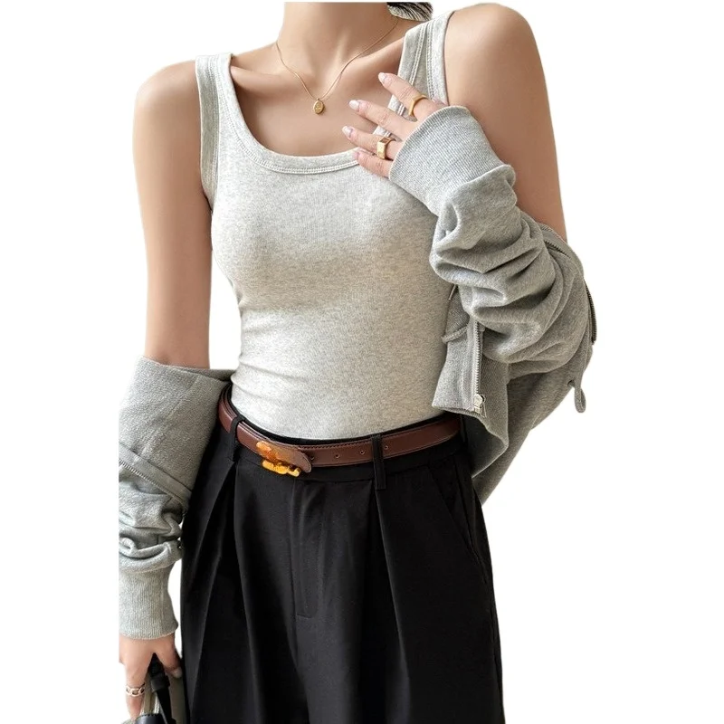 Knitted Spice Girl Top Pure Cotton U-shaped Beauty Bottom Back Sling Small Vest  Inner Wear with Chest Pad Integrated Outer Wear
