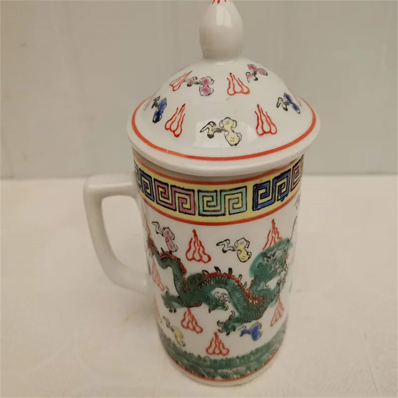 Chinese Old Porcelain Cup Pink Green Dragon Patterned Covered Teacup Ceramic Drinkware for Tea Lovers