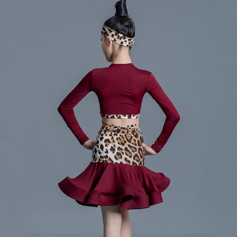 Traje de falda de leopardo de manga larga para niñas, trajes de actuación para niñas, ropa de baile latino Chacha Rumba, DN17527, 2024