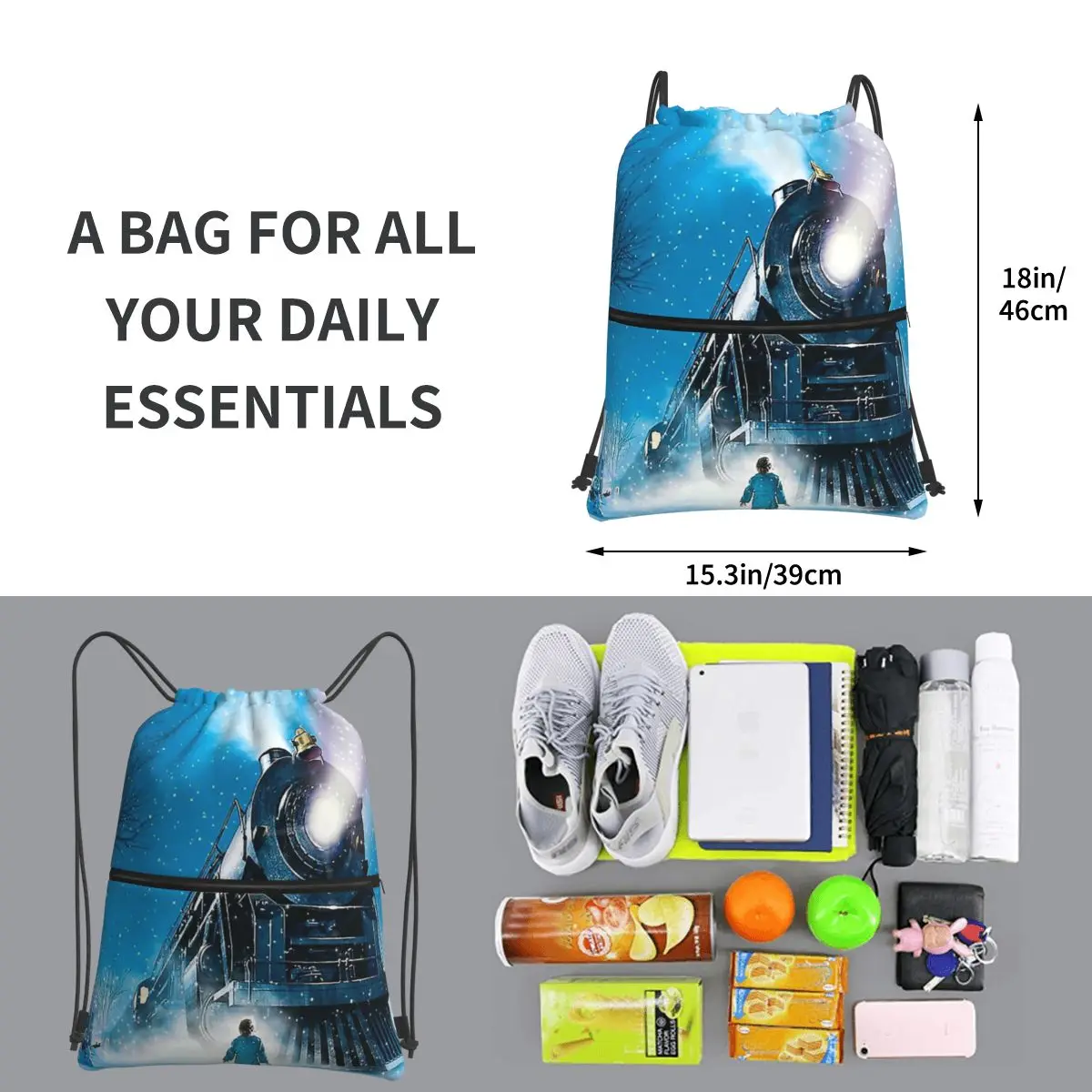 As mochilas portáteis Polar Express, Drawstring Bag, Casual Bundle Pocket, sacos de armazenamento para estudantes escolares