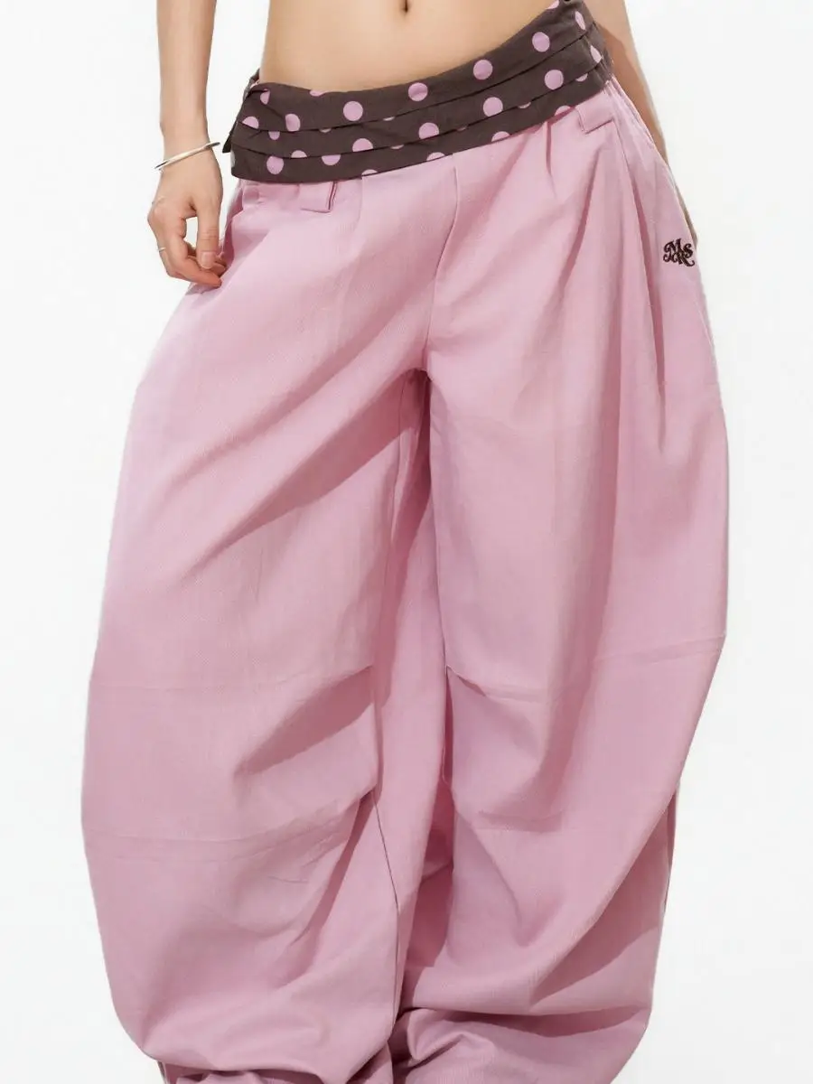 

New S3T5 American Polka Dot Waist Flip Color Block Casual Pants Women Summer Quick Dry Pleated Loose Fit High Waist Wide Leg