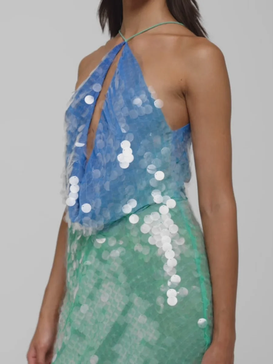 ผู้หญิงเลื่อมSparklyชุดมินิเซ็กซี่Hollow Out Backless Y2K HalterคอชุดGlitter Party ClubชุดBodycon Vestido