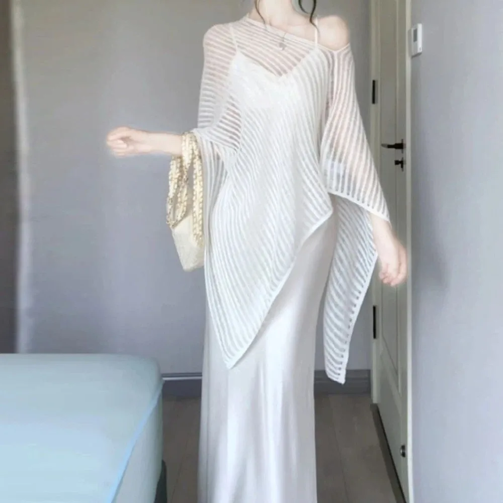 Pullovers Stripe Patchwork Crochet Hollow Top Loose Thin Bohemian Shawl Irregular Transparent Beach Cloak Summer