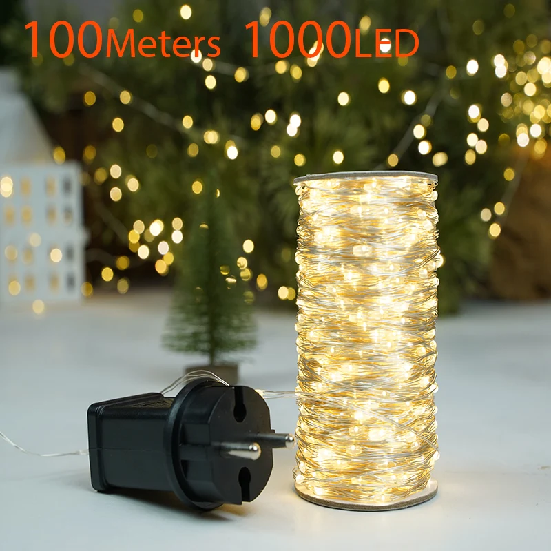 

100M Silver Wire String Fairy Light Garland Christmas Decoration For home Outdoor Waterproof Garden Hallowen Party New Year 2024