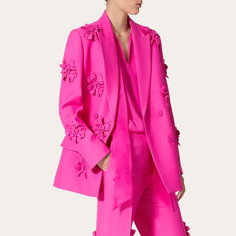 

3D Flower Patchwork Pant Suit Women Elegant 2023 Autumn Double Breasted Long Sleeve Blazer High Waist Flared Pants Two Piece Set