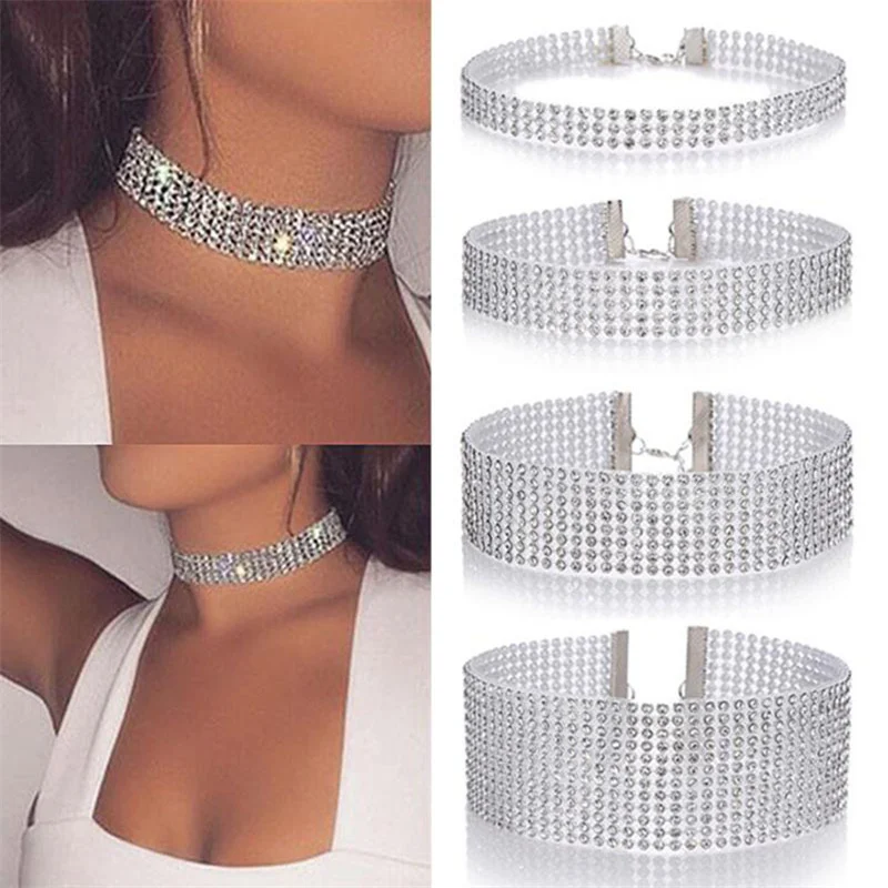 Silver Plated Crystal Women Popular Bundle Neck Element Necklace Extra Wide Wedding Party Diamante Choker Jewelry Gifts