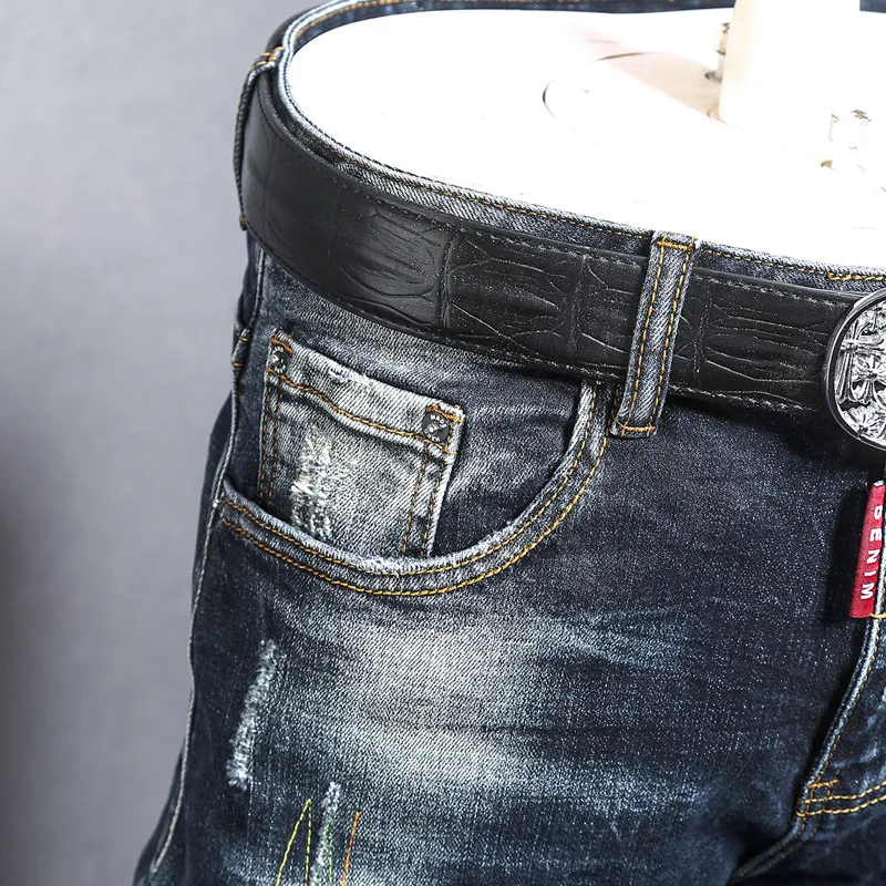 Fashion Streetwear Ripped Jeans Men Retro Blue Elastic Slim Fit Biker Jeans Homme Embroidery Designer Hip Hop Denim Pants Hombre