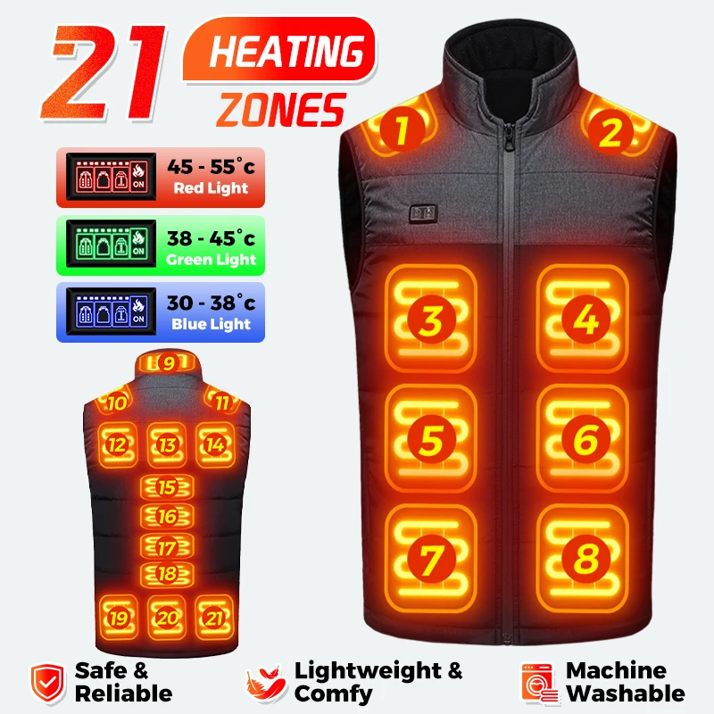 Intelligente beheizte Weste mit 21 Heizzonen, die den gesamten Körper wärmt, USB-Heizung, Winter-Thermo-Weste zum Skifahren, Camping, Winter, ärmellose Jacke, Weste. – Detail 1