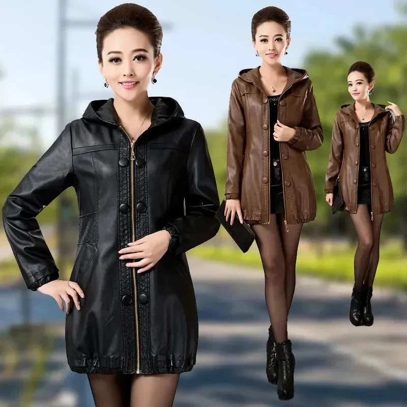 Jaket kulit imitasi wanita paruh baya, mantel kulit sintetis panjang Medium longgar musim gugur/musim dingin Z662