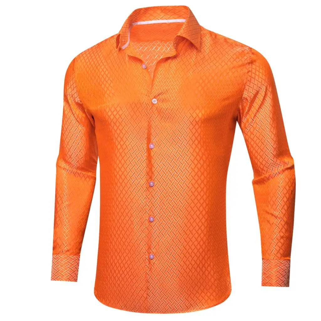 Luxury Silk Shirts for Men Satin Orange Solid Long Sleeve Slim Fit Male Blouse Casual Formal Tops Breathable Barry Wang