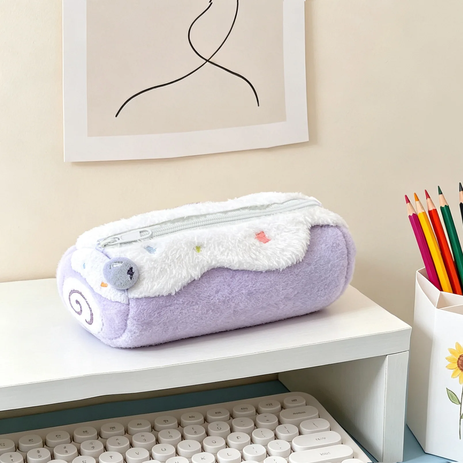 Cute Kawaii Swiss Roll Cake Plush Pencil Case Large Capacity Storage Zipper Pouch Cosmetic Bag for Girls Student Desk Gift view 6