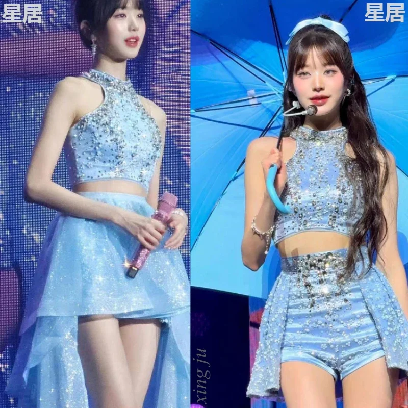 

Korean Women Group Kpop Concert Costume Stage Dance Shiny Halter Vest Crop Tops Slim Shorts Skirt Jazz Dance Performance Outfits