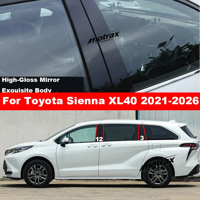 For Toyota Sienna XL40 2021-2026 Auto Mirror Effect Window Door Column B C Pillars Post Cover Trim Black Carbon Fiber Sticker