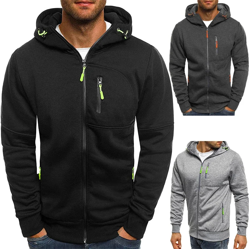 Camisola masculina cardigan jaqueta com capuz bolso com zíper jaqueta personalizável esportes fitness ao ar livre correndo cor sólida roupas esportiva