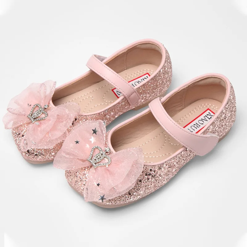 

Girls Princess PU Mary Janes Shoes for Party Wedding Kids Sweet Rhinestones Crown Shoes Children Glitter Flats Performance Shoes