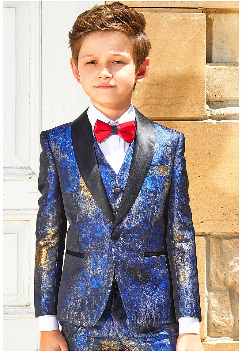 

Newest Blue Printed Boy Suits For Wedding Prom Kids Flower Suits Terno Masculino Slim Fit Child Blazer 3 Pieces Jacket+Pant+Vest