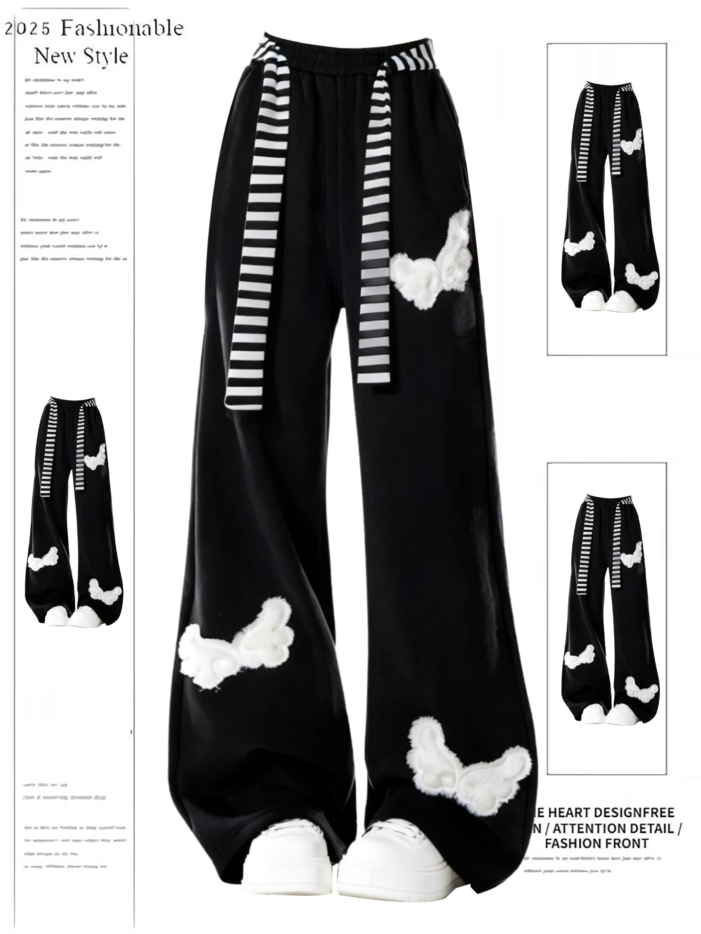 

Широкие брюки с вышивкой «Ангельские крылья» для женщин, повседневные, осенне-зимние, модные, милые, с эластичным поясом