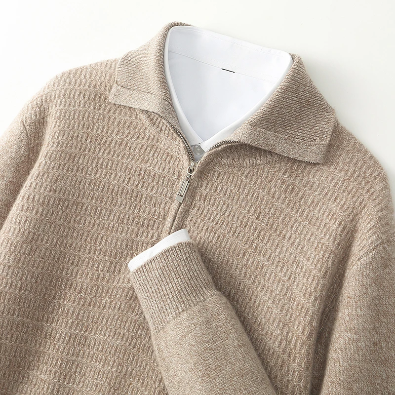 Men's pure wool knitted half zipper thick sweater, winter fashion casual long sleeved adult men's wool pullover sweater