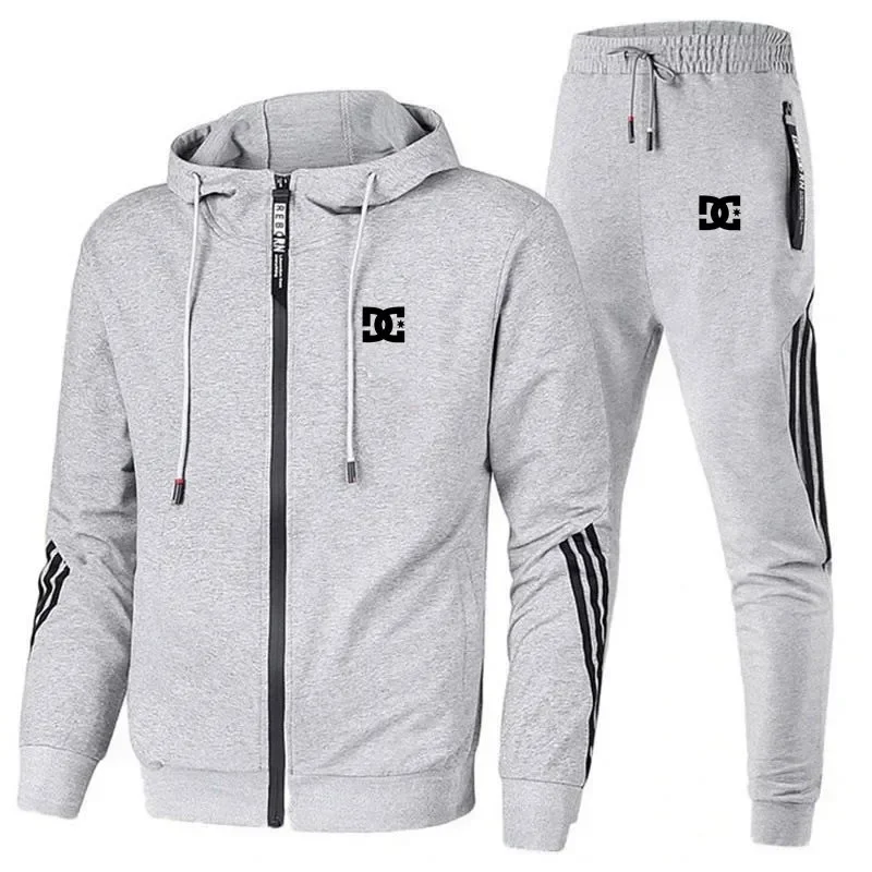 Autumn winter Letter print suit men\'s zipper hoodie + pants two sets, leisure gym fitness morning exercise sportswear suit men