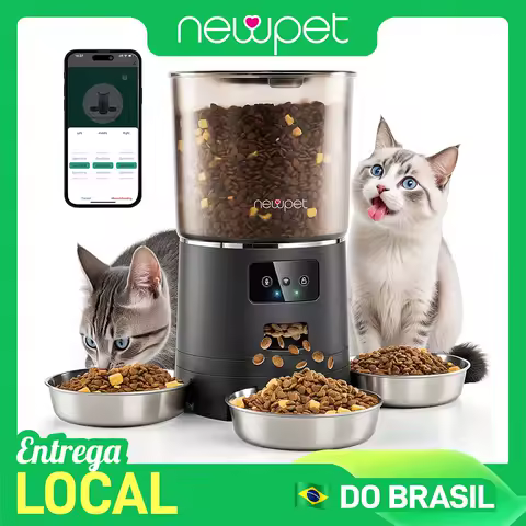 inox Alimentador para animais de estimação Newpet de 6 litros com 3 tigelas – Alimentador automático para gatos, distribuidor inteligente de ração para cães, controle de tempo via Wi-Fi, dosagem precisa, alimentação